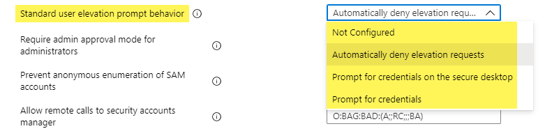 MDM security baseline UAC standard user prompt behavior