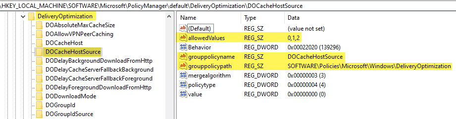 Delivery Optimization DOCacheHostSource MDM registry settings