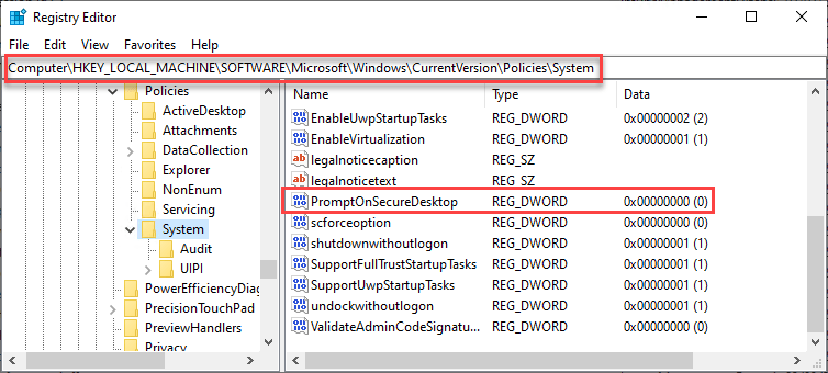Registry value for PromptOnSecureDesktop