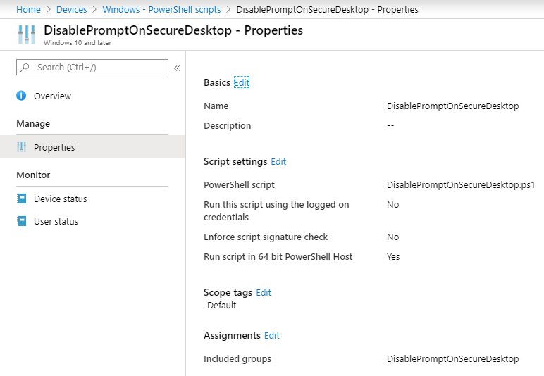 Intune PowerShell script deployment DisablePromptOnSecureDesktop
