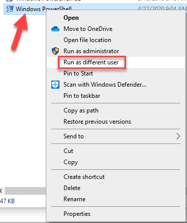 Run as different user context menu