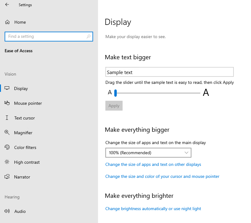 Windows 10 Version 2004 Ease of access settings default