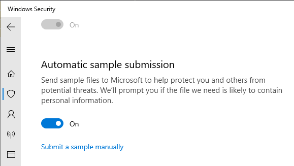 Defender automatic sample submission turned on (default setting)