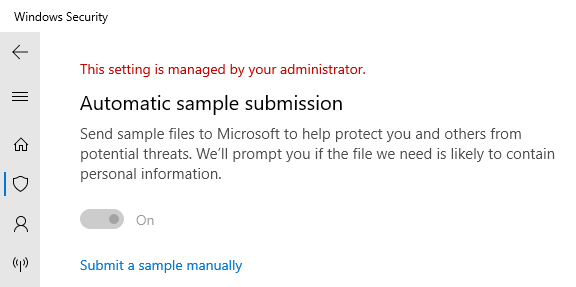 Defender automatic sample submission enforced through policy