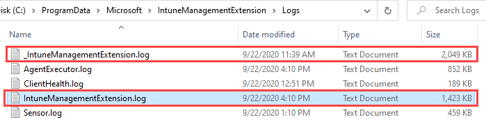 Intune Agent, Intune Management Extension (IME) log files