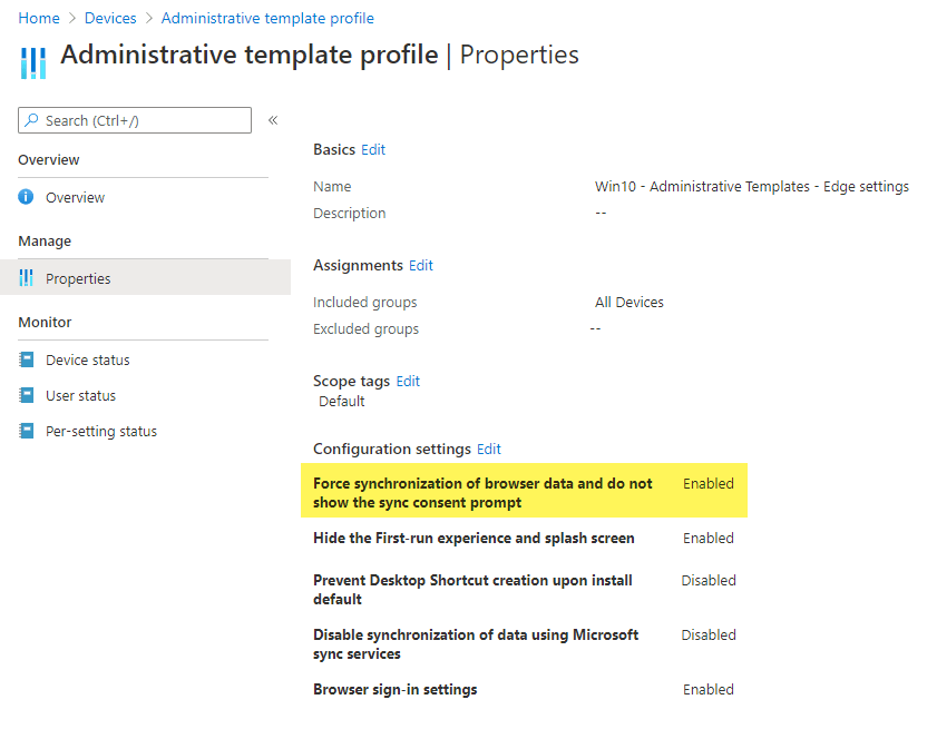 Intune device configuration administrative template edge chromium settings