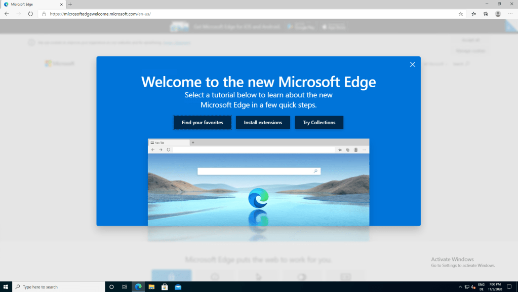 edge final welcome screen after startup