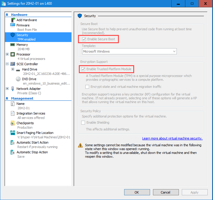 Hyper-V VM settings for Security, Virtual TPM, and Secure Boot