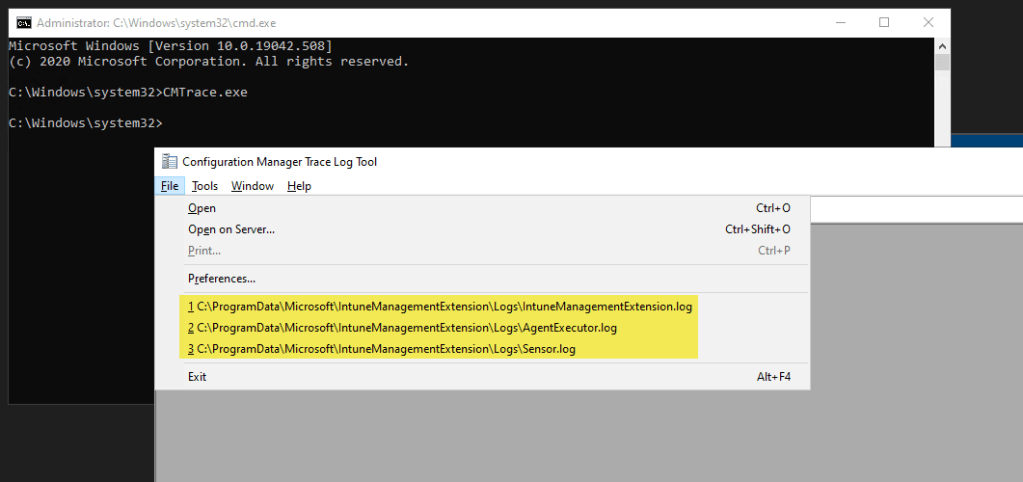cmtrace with MRU entries for Intune Management Extension (IME) log files
