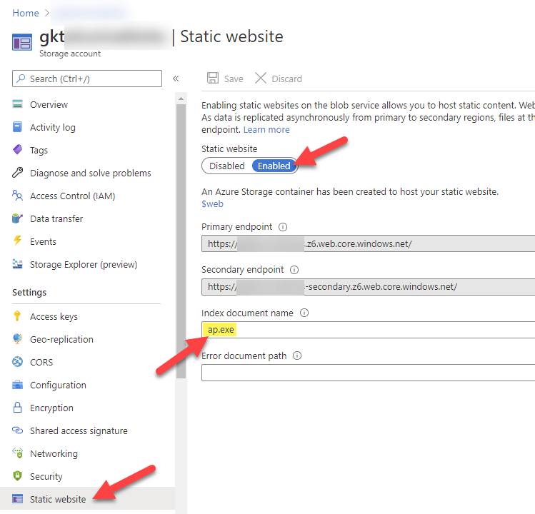 Azure blob storage - static website configuration