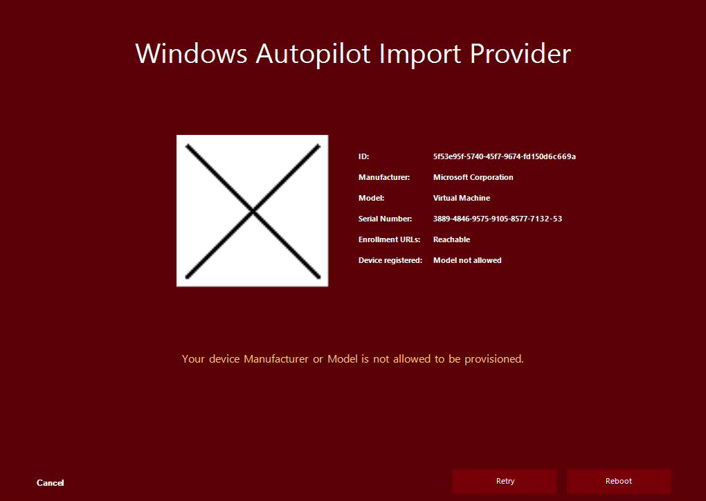 Autopilot Manager client UI - Windows Autopilot Import Provider showing failed import due to a non whitelisted Model 