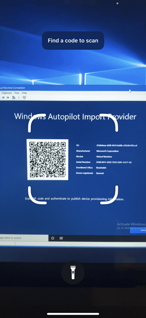 iPhone qr scan of Autopilot Manager client UI - Windows Autopilot Import Provider