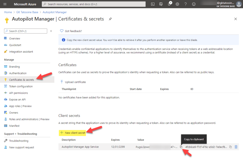 Azure AD app registration - new registration - new client secret