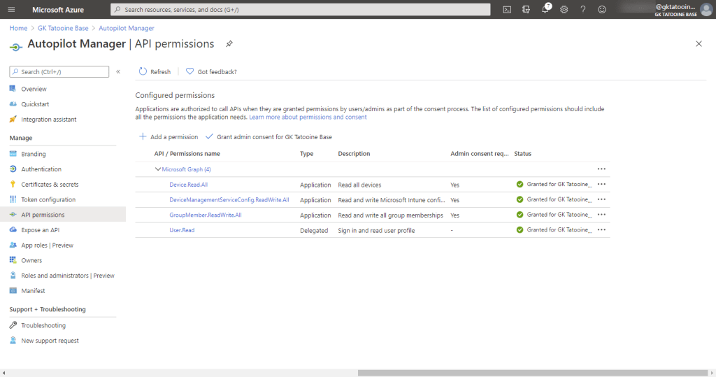 Azure AD app registration - new registration - Grant admin consent for tenant - success (green check marks)
