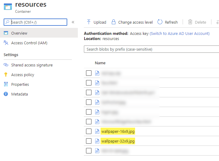 Azure blob storage container hosting wallpaper images