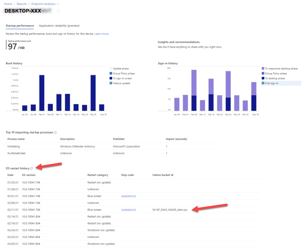 Microsoft Intune Endpoint Analytics - Application reliability device detail page