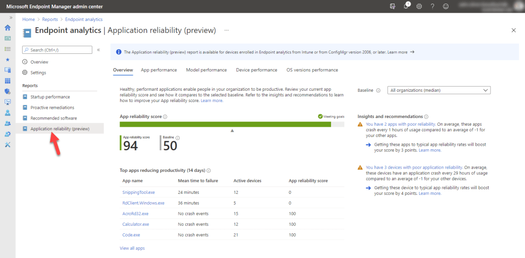 Microsoft Intune Endpoint Analytics - Application reliability