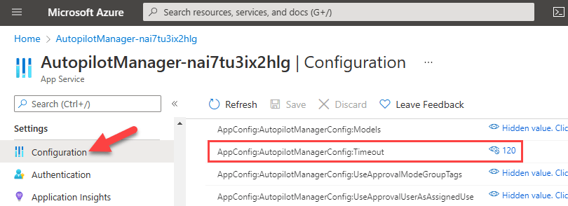Autopilot Manager App Service configuration for caching timeout value
