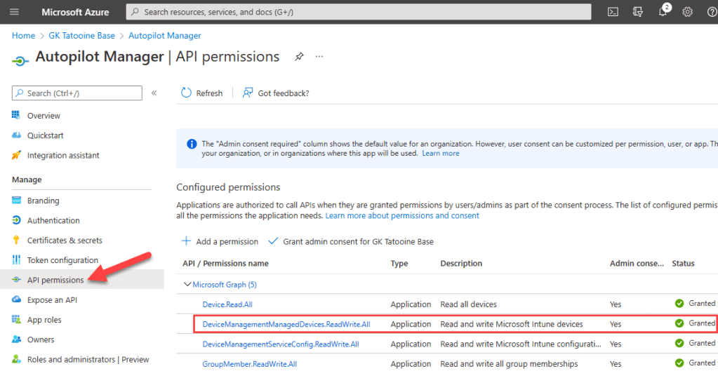 App registration Autopilot Manager API permissions
