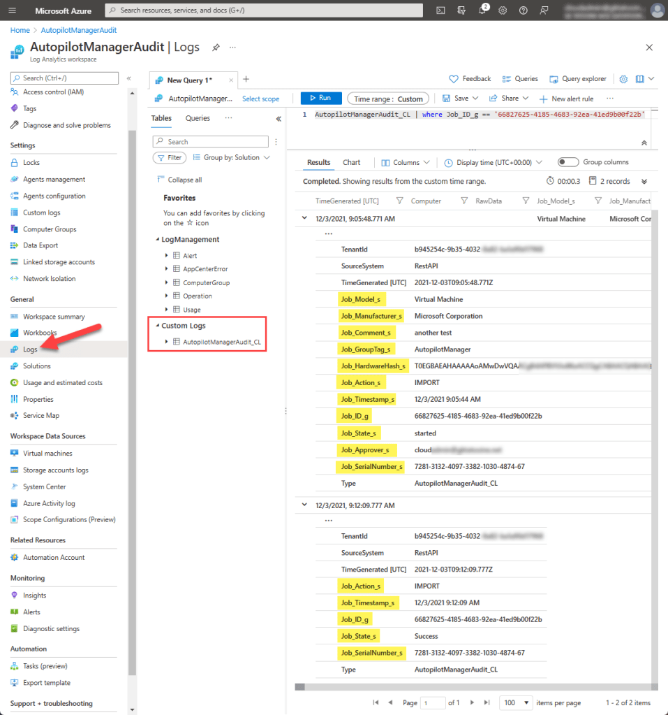 Autopilot Manager Audit data in Log Analytics