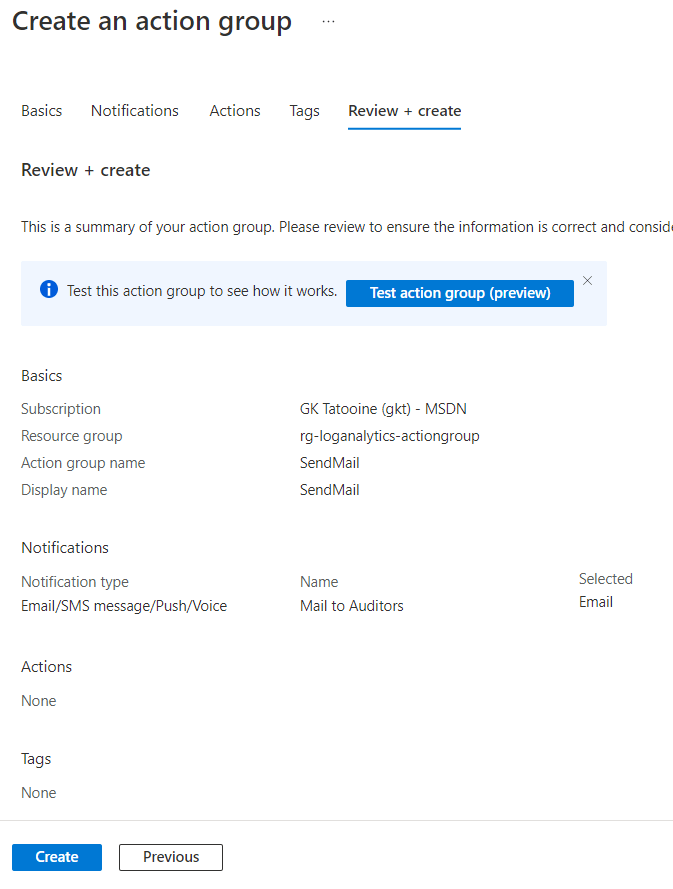 Azure Monitor Log Analytics Action group creation