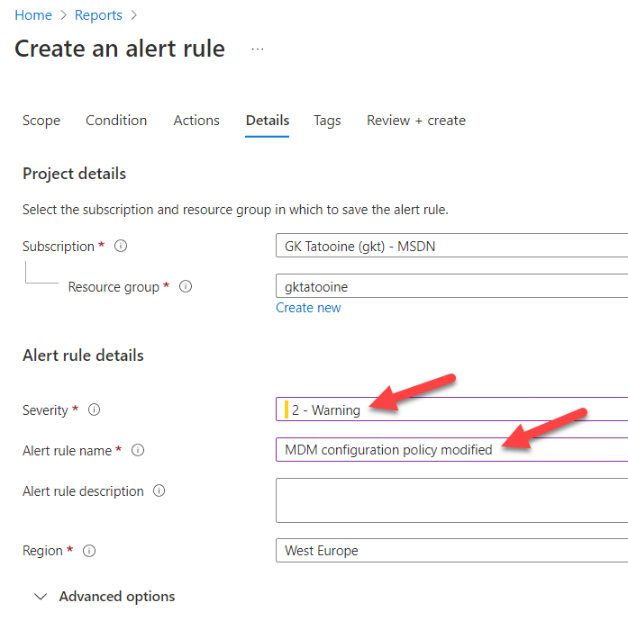 Azure Monitor Log Analytics Alert rule details