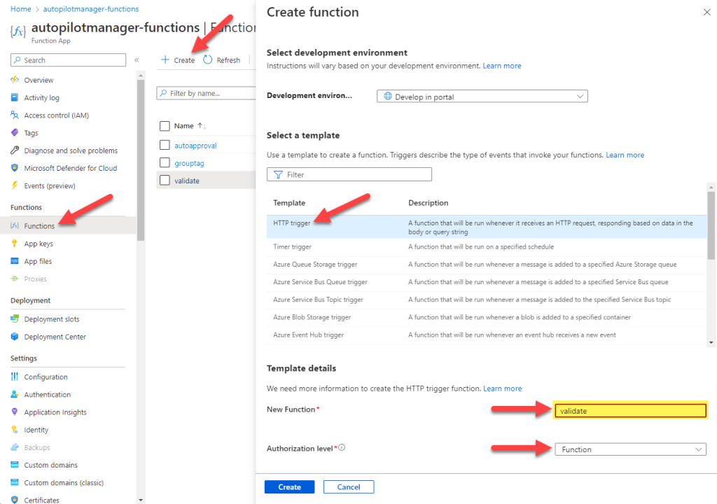 Azure Function - Creation of http trigger function