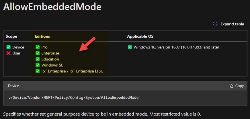 AllowEmbeddedMode CSP docs