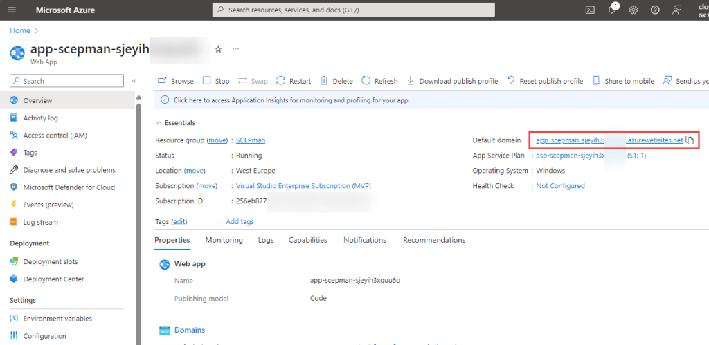 Azure app service SCEPman URL