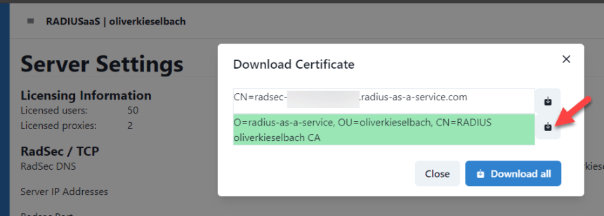RADIUSaaS Server Settings download of RADIUSaaS Root certificate