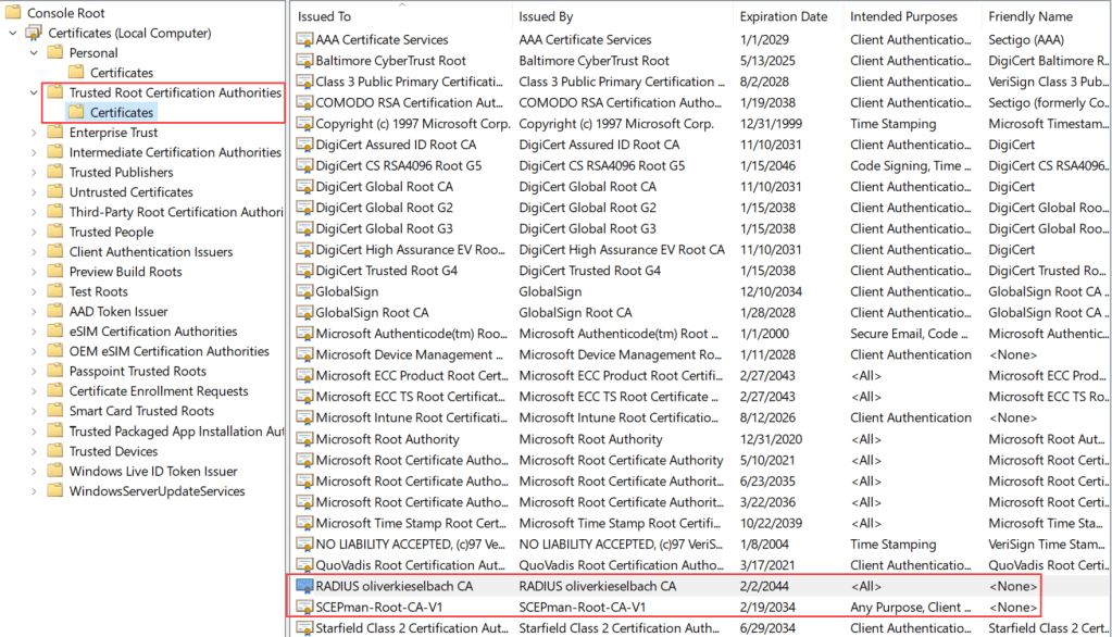 Trusted Root Certificate Store with deployed SCEPman and RADIUSaaS Root Certificates