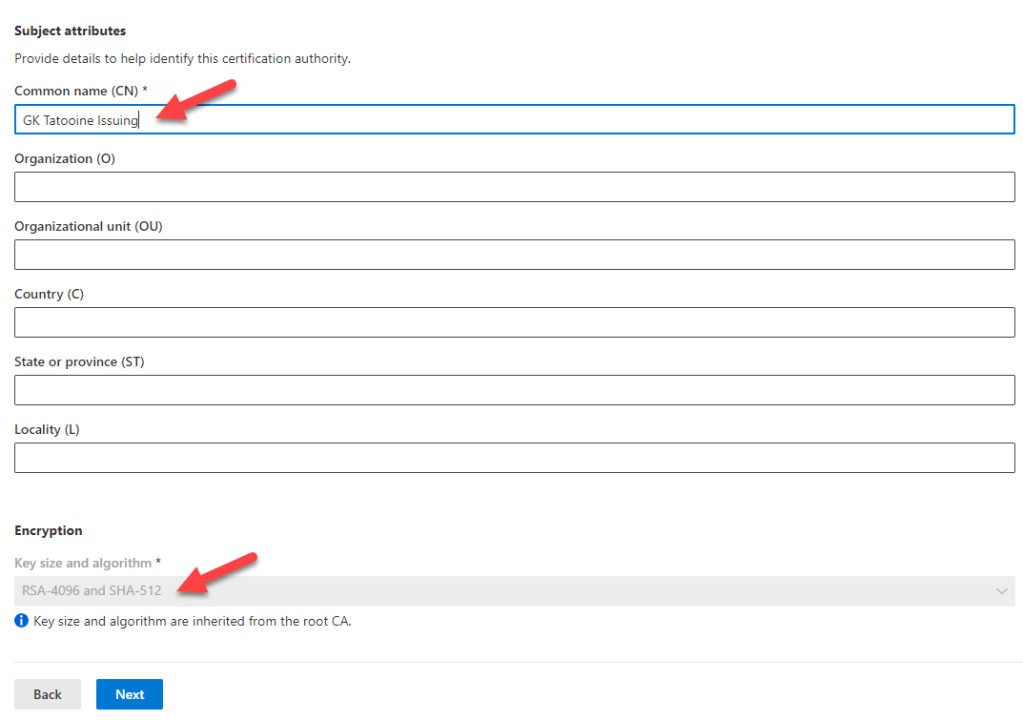Create Microsoft Cloud PKI Issuing CA Subject Attributes