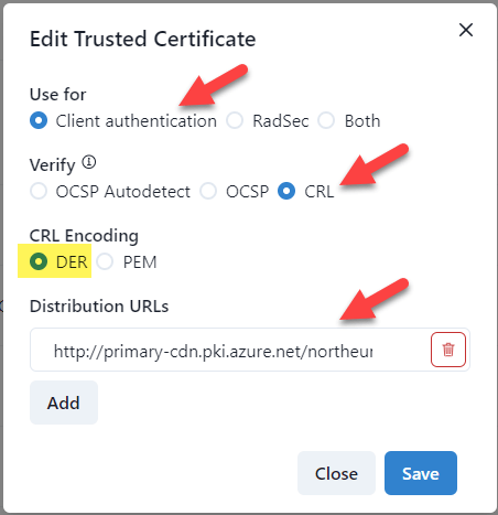 RADIUSaaS Upload Trusted Certificate Dialog