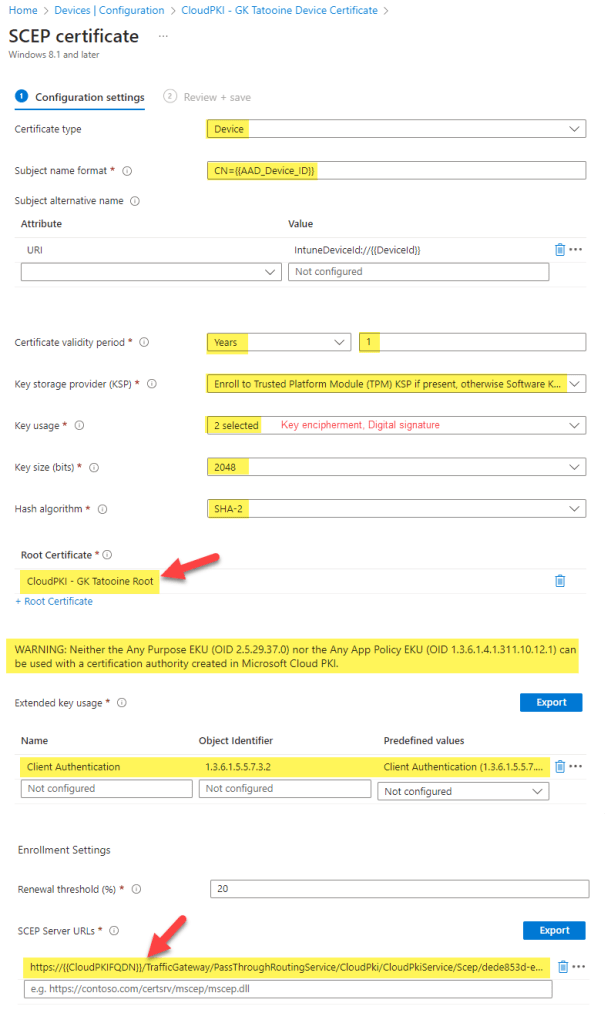 Microsoft Intune SCEP profile properties for usage with Microsoft Cloud PKI