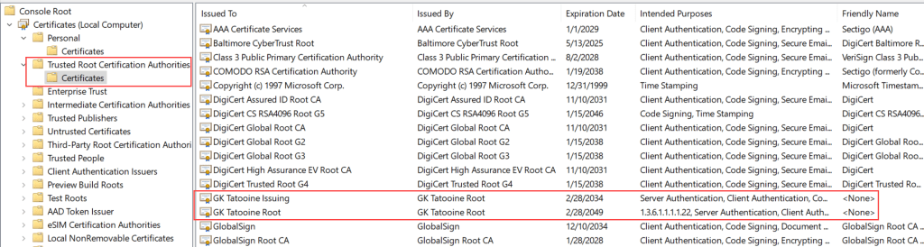Windows client certificate trusted root store with deployed Microsoft Cloud PKI issuing and root CA certificates