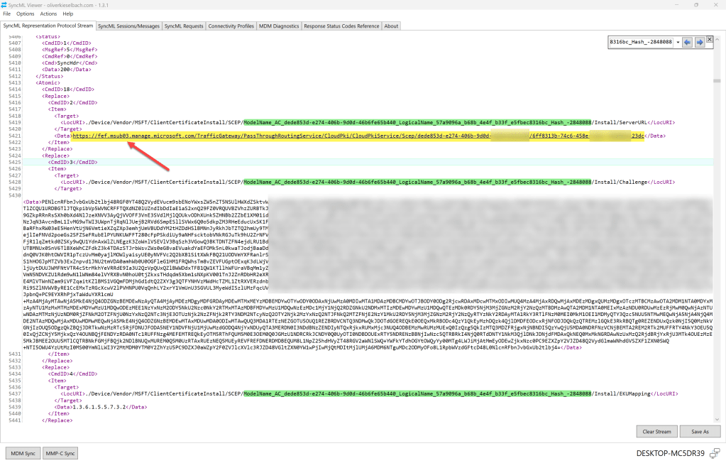 SyncML Viewer monitored SCEP certificate device install with resolved variable of SCEP Server URL from Microsoft Cloud PKI