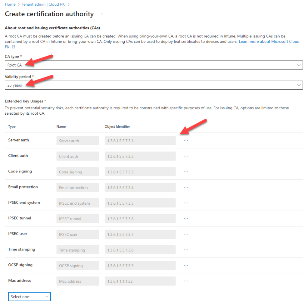 Create Microsoft Cloud PKI Root CA properties like CY type, Validity period, EKUs, ...
